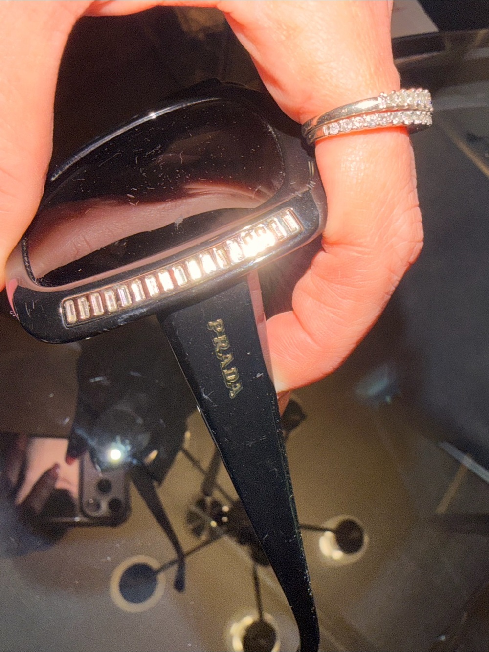 Prada Glossy Black Square Sunglasses with Rhinestones and Gold Logo - Picture 3 of 7